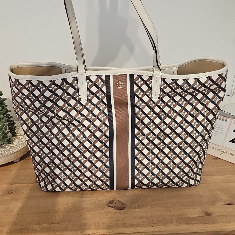 Tory Burch Geometric Brown and Cream Tote